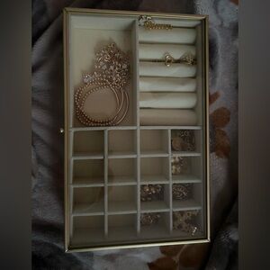 Beige Jewelry Organizer Box with Ring Slots and Compartments